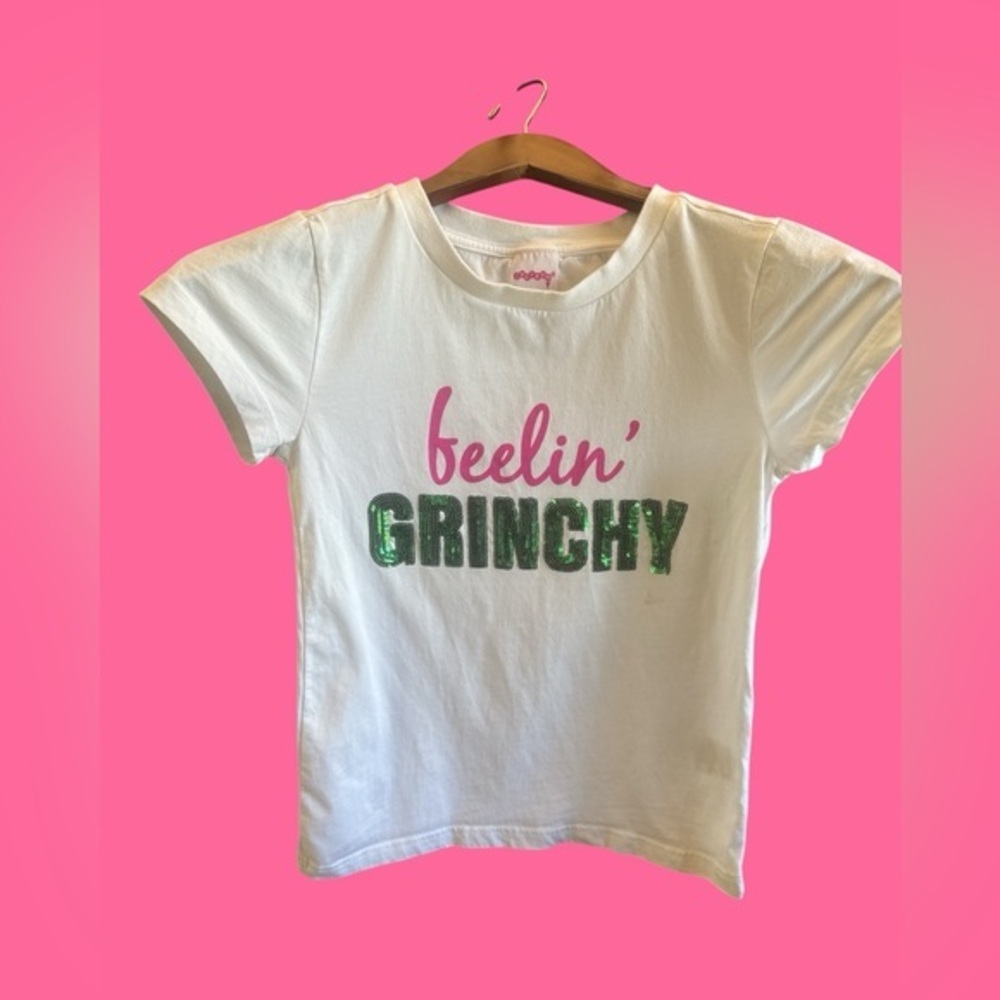 iscream Girls' White "Feelin' Grinchy" Graphic Tee Size Medium 10/12 Holiday Top